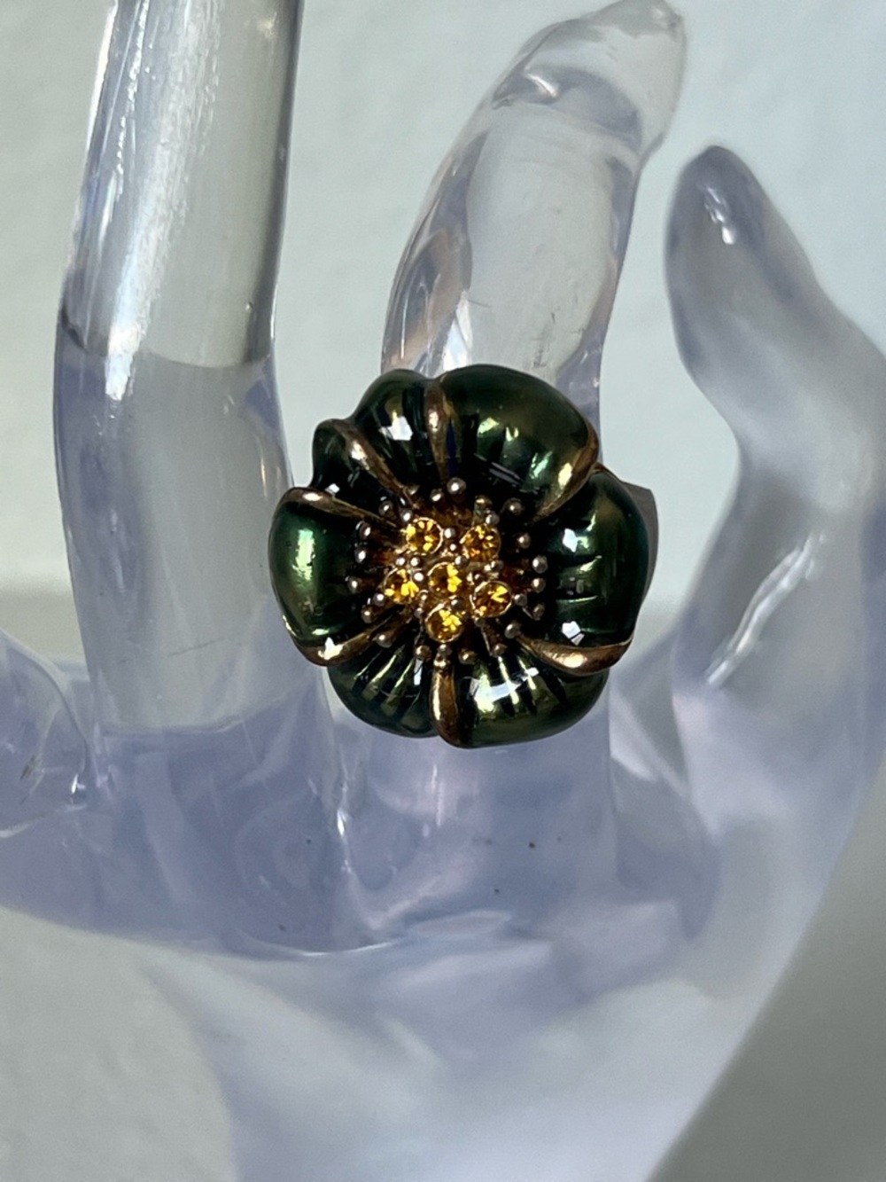 J. Crew Olive Green Flower Ring with Gold Crystal Center